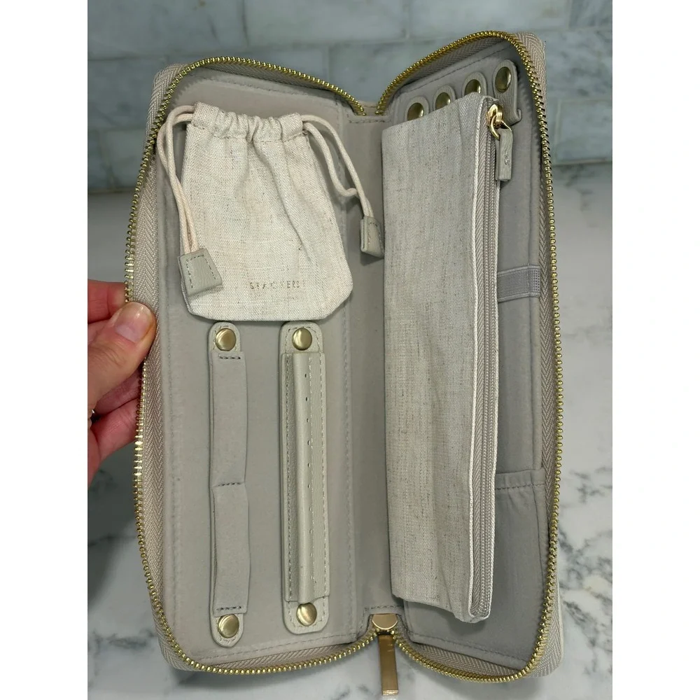 Stackers Oatmeal Linen Travel Jewelry Wallet Organizer Zip Clutch Beige Gold